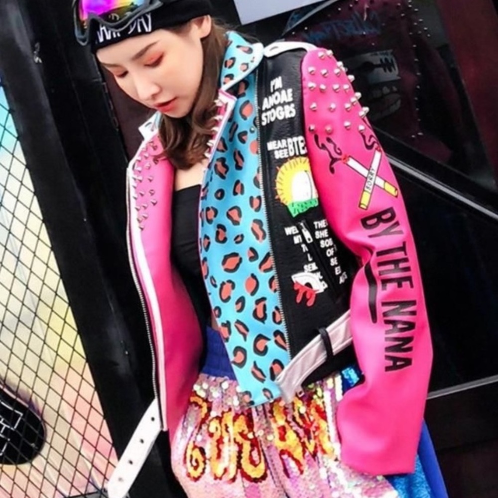 Pink Leopard Graffiti Moto Biker Jacket with Studs Sz S